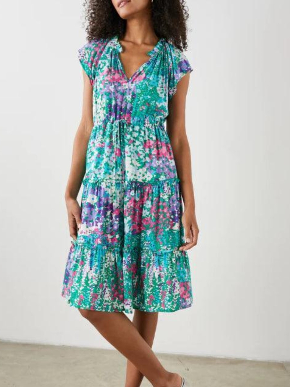 Rails Teal Floral Tiered V-Neck Midi Dress with Pink and Purple Accents
